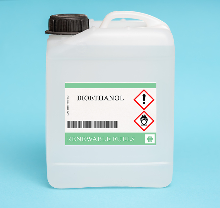 Canister of bioethanol Canister of bioethanol, a renewable fuel made from the fermentation of sugars and starches, typically derived from corn or sugarcane. It can be used as a gasoline substitute or blended with gasoline., by WLADIMIR BULGAR SCIENCE PHOTO LIBRARY