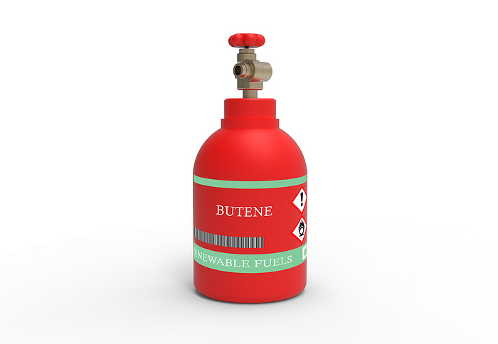 Canister of butene gas Canister of butene gas, a synthetic fuel made from a variety of feedstocks, including natural gas and biomass. It can be used as a gasoline substitute or blended with gasoline., by WLADIMIR BULGAR SCIENCE PHOTO LIBRARY