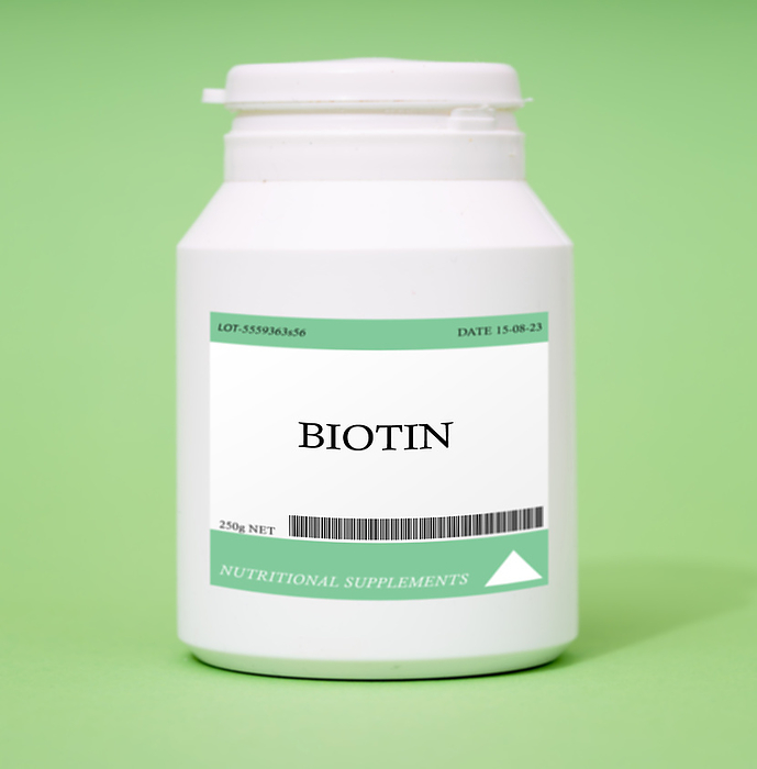 Container of biotin Container of biotin. Biotin is important for healthy skin, hair, and nails., by Wladimir Bulgar SCIENCE PHOTO LIBRARY