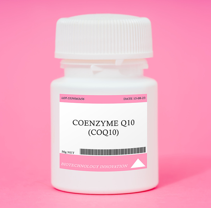 Container of coenzyme q10 Container of coenzyme q10. Coenzyme Q10  CoQ10  is used to support heart health and energy production., by Wladimir Bulgar SCIENCE PHOTO LIBRARY