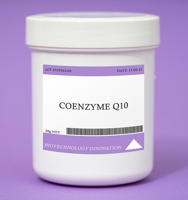 Container of coenzyme q10 Container of coenzyme q10. Coenzyme Q10  CoQ10  helps produce energy in cells and may have antioxidant properties., by Wladimir Bulgar SCIENCE PHOTO LIBRARY