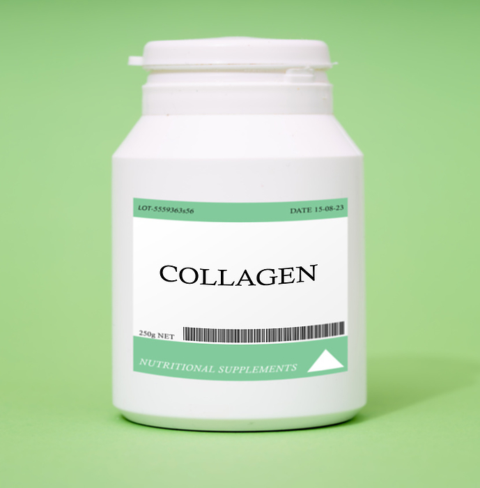 Container of collagen Container of collagen. Collagen is used to support skin health, joint health, and reduce the signs of aging., by Wladimir Bulgar SCIENCE PHOTO LIBRARY