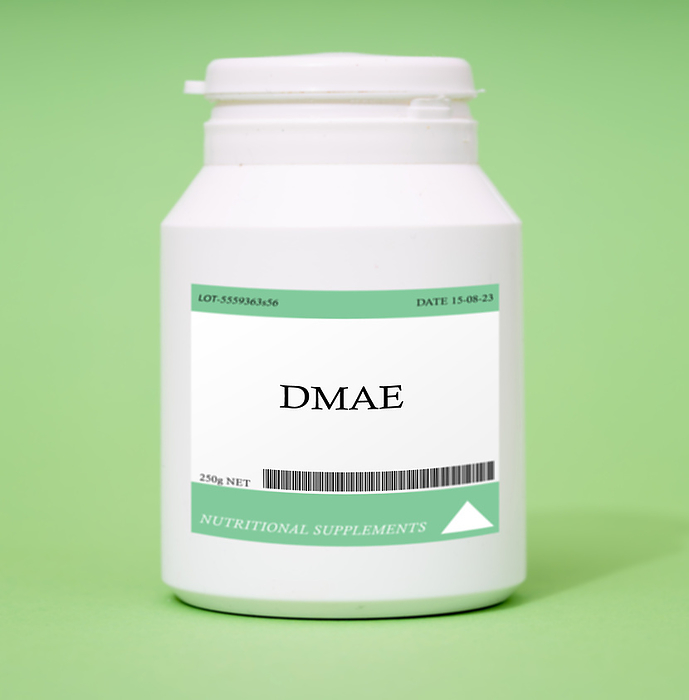 Container of DMAE Container of dimethylethanolamine  DMAE . DMAE is used to improve memory and cognitive function., by Wladimir Bulgar SCIENCE PHOTO LIBRARY