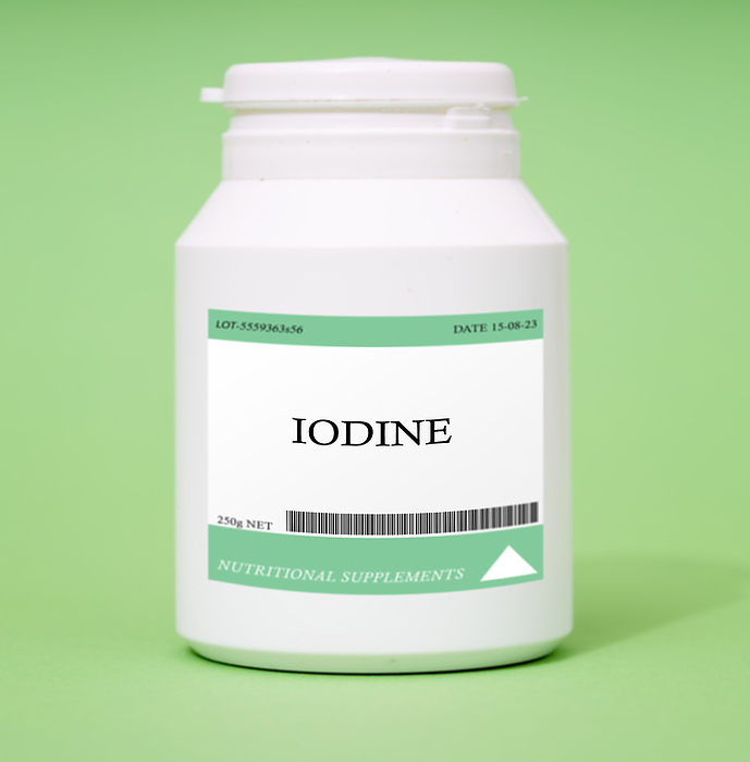 Container of iodine Container of iodine. Iodine is important for thyroid health and hormone production., by Wladimir Bulgar SCIENCE PHOTO LIBRARY