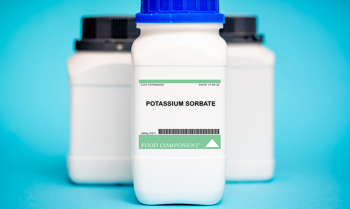 Container of potassium sorbate Container of potassium sorbate. Potassium sorbate is a preservative commonly used in cheese, baked goods, and some beverages to prevent bacterial growth and extend shelf life. It is typically used in a powdered or granular form., by Wladimir Bulgar SCIENCE PHOTO LIBRARY