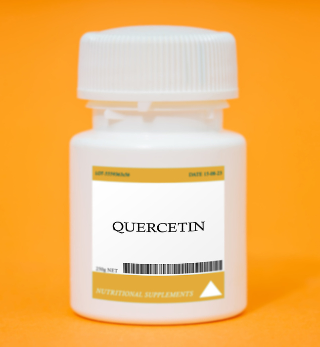 Container of quercetin Container of quercetin. Quercetin is an antioxidant that may help reduce inflammation and support immune function., by Wladimir Bulgar SCIENCE PHOTO LIBRARY