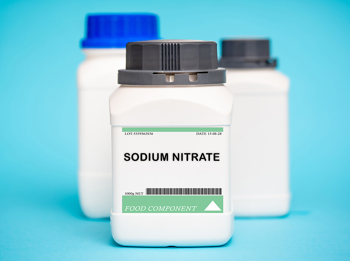 Container of sodium nitrate Container of sodium nitrate. Sodium nitrate is a preservative commonly used in cured meats, such as ham and bacon, to prevent bacterial growth and enhance colour. It is typically used in a powdered or granular form., by Wladimir Bulgar SCIENCE PHOTO LIBRARY