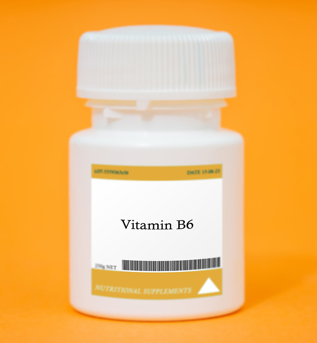 Container of vitamin B6 Container of vitamin B6. Vitamin B6 is important for brain function, nerve health, and red blood cell production., by Wladimir Bulgar SCIENCE PHOTO LIBRARY