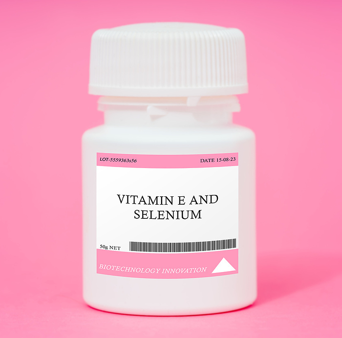 Container of vitamin E and selenium Container of vitamin E and selenium   A combination of antioxidants used to protect cells from damage and support immune function., by Wladimir Bulgar SCIENCE PHOTO LIBRARY