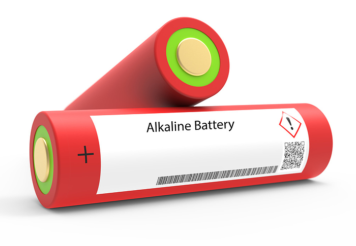 Alkaline battery Alkaline battery. An alkaline battery is a primary battery that uses manganese dioxide and zinc to generate electricity. It is a common type of battery used in household items and is cost effective with a long shelf life., by Wladimir Bulgar SCIENCE PHOTO LIBRARY