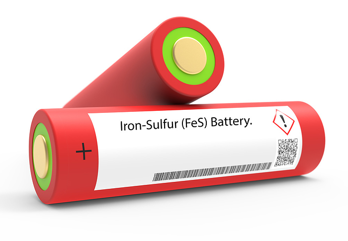 Iron sulphur batteries Iron sulphur  FeS  battery. FeS batteries are used in energy storage systems for renewable energy sources. They have a high energy density and a long lifespan., by Wladimir Bulgar SCIENCE PHOTO LIBRARY