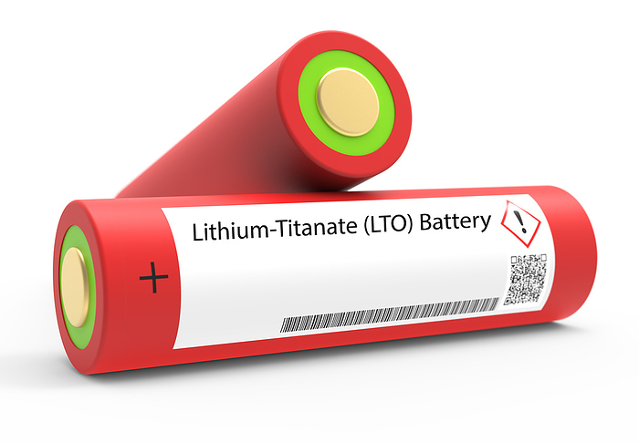 Lithium titanate battery Lithium titanate  LTO  battery. A lithium titanate battery is a type of Li ion battery commonly used in electric vehicles and renewable energy systems. It offers high power density, fast charging, and long lifespan., by Wladimir Bulgar SCIENCE PHOTO LIBRARY