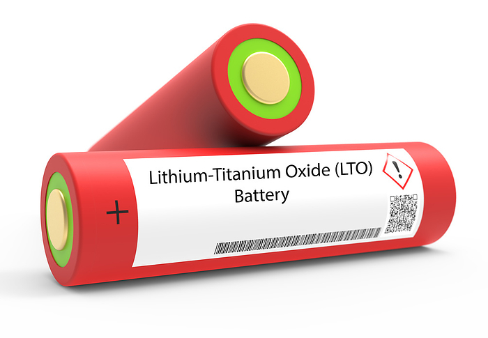 Lithium titanium oxide battery Lithium titanium oxide  LTO  battery. LTO batteries are used in electric vehicles and energy storage systems. They have a long lifespan and can charge and discharge quickly., by Wladimir Bulgar SCIENCE PHOTO LIBRARY