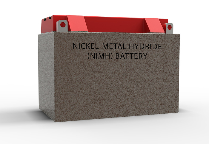 Nickel metal hydride battery Nickel metal hydride  NiMH  battery. A NiMH battery is a type of rechargeable battery that uses hydrogen absorbing alloy instead of cadmium, making it more eco friendly. It is used in high drain devices like digital cameras and power tools, offering higher energy density and longer lifespan than nicad batteries., by Wladimir Bulgar SCIENCE PHOTO LIBRARY
