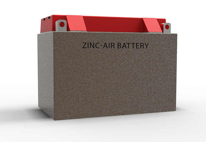 Zinc air battery Zinc air battery. A zinc air battery is a primary battery that uses oxygen from the air to react with zinc to generate electricity. It is commonly used in hearing offering high energy density and long shelf life., by Wladimir Bulgar SCIENCE PHOTO LIBRARY