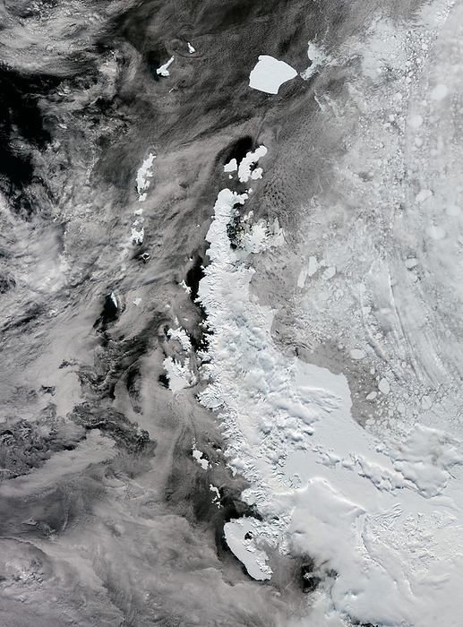 Antarctic peninsula landscape, satellite image Satellite image of the Antarctic peninsula landscape. It resembles a 1000 kilometre long arm covered with ice, stretching towards the southern tip of South America. The west coast of the peninsula has over 100 large glaciers and numerous islands, and moving northwards, there are many more islands separated from the peninsula s northwestern tip by the Bransfield Strait. To the east, you can see the A23a iceberg  top, centre left , which is currently the largest iceberg in the world. It calved from the Filchner Ronne ice shelf in West Antarctica in 1986, but only recently, driven by winds and currents, started drifting quickly away from Antarctic waters. In recent decades, the Antarctic Peninsula has experienced warming, and using satellites to monitor this region over this time period provides evidence of trends and allows scientists to make predictions about the continent s future. Image data obtained by the Copernicus Sentinel 1 satellite., by EUROPEAN SPACE AGENCY SCIENCE PHOTO LIBRARY