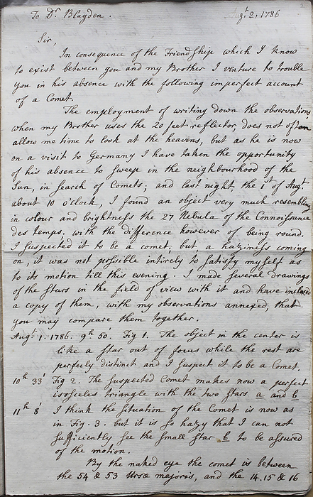 Caroline Herschel s first comet discovery, 1786 Letter written by Caroline Herschel  1750 1848  to Charles Blagden, Secretary of the Royal Society, on the 2nd August 1786 announcing her discovery of a comet on the 1st August 1786. The comet, now known as Comet C 1786 P1  Herschel , was the first of eight comets discovered by Caroline while working at Slough with her brother William., by ROYAL ASTRONOMICAL SOCIETY SCIENCE PHOTO LIBRARY