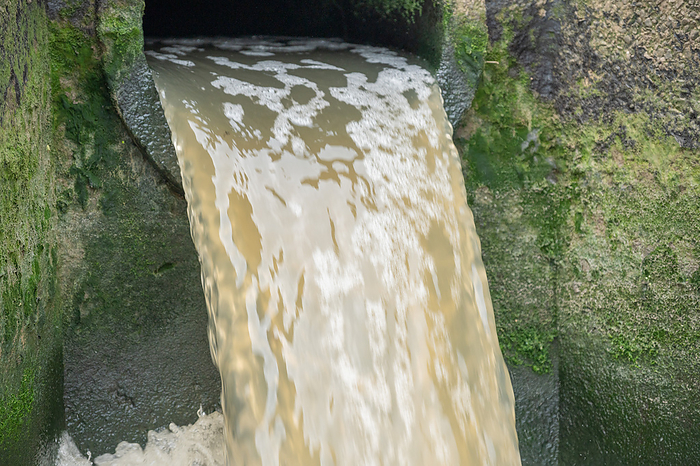 Effluent discharge from a factory Effluent being discharged from a factory into the River Cleddau at Merlin s Bridge, Haverfordwest, Pembrokehshire, Wales, UK. Photographed at low tide on the 16th June 2023., by ANDY DAVIES SCIENCE PHOTO LIBRARY