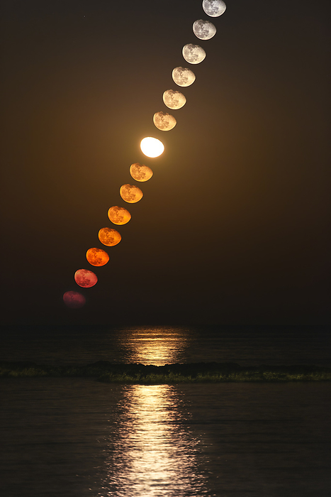 Waning gibbous moon while rising, composite image Composite image of a waning gibbous moon rising.   Image taken above the Gulf of Oman in Muskat, Oman., by MIGUEL CLARO SCIENCE PHOTO LIBRARY
