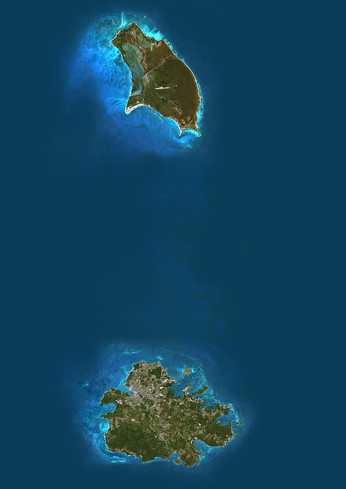 Antigua and Barbuda, satellite image Colour satellite image of Antigua and Barbud, a sovereign island country in the West Indies., by PLANETOBSERVER SCIENCE PHOTO LIBRARY