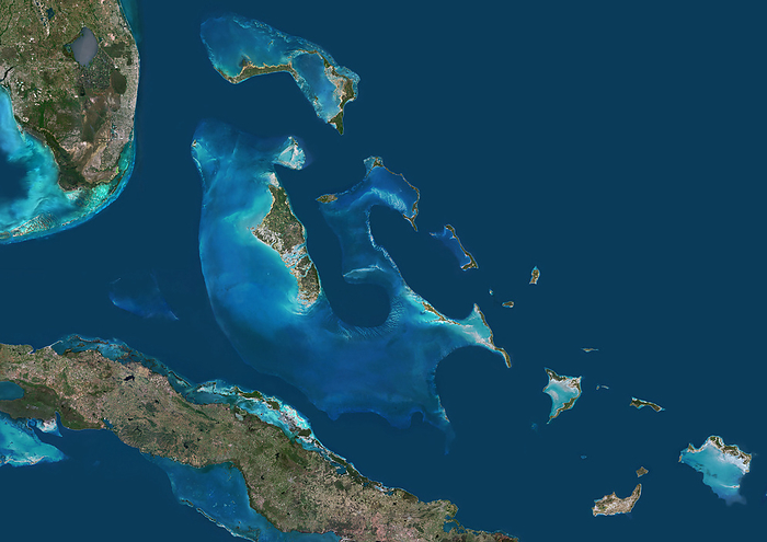 Bahamas, satellite image Colour satellite image of the Bahamas in the West Indies., by PLANETOBSERVER SCIENCE PHOTO LIBRARY