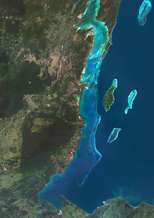 Belize, satellite image Colour satellite image of Belize and neighbouring countries. The Belize Barrier Reef runs some 190 miles  300 km  along Belize s Caribbean coastline., by PLANETOBSERVER SCIENCE PHOTO LIBRARY