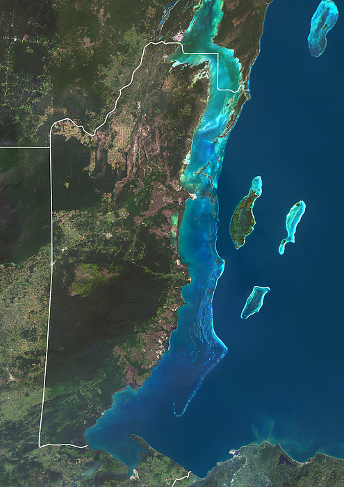 Belize, satellite image Colour satellite image of Belize and neighbouring countries, with borders. The Belize Barrier Reef runs some 190 miles  300 km  along Belize s Caribbean coastline., by PLANETOBSERVER SCIENCE PHOTO LIBRARY