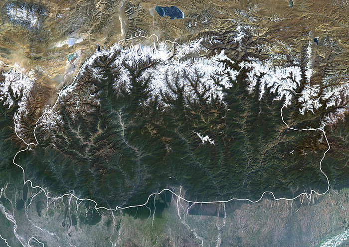 Bhutan, satellite image Colour satellite image of Bhutan and neighbouring countries in the Eastern Himalayas, with borders., by PLANETOBSERVER SCIENCE PHOTO LIBRARY
