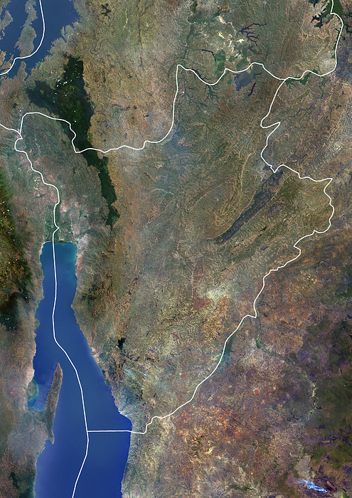 Burundi, satellite image Colour satellite image of Burundi and neighbouring countries, with borders. The country is in the Great Rift Valley. Lake Tanganyika lies along its southwestern border., by PLANETOBSERVER SCIENCE PHOTO LIBRARY
