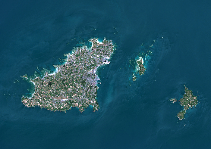 Guernsey, satellite image Colour satellite image of Guernsey, an island in the English Channel., by PLANETOBSERVER SCIENCE PHOTO LIBRARY