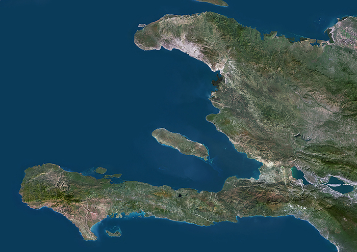 Haiti, satellite image Colour satellite image of Haiti and neighbouring countries., by PLANETOBSERVER SCIENCE PHOTO LIBRARY