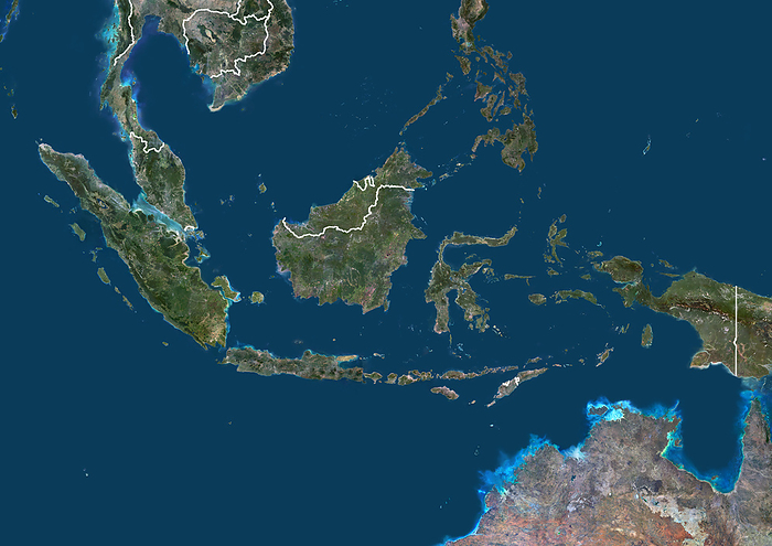 Indonesia, satellite image Colour satellite image of Indonesia and neighbouring countries, with borders., by PLANETOBSERVER SCIENCE PHOTO LIBRARY