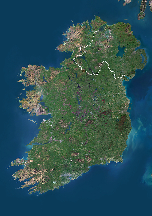 Republic of Ireland and Northern Ireland, satellite image Colour satellite image of the Republic of Ireland and Northern Ireland, with borders., by PLANETOBSERVER SCIENCE PHOTO LIBRARY