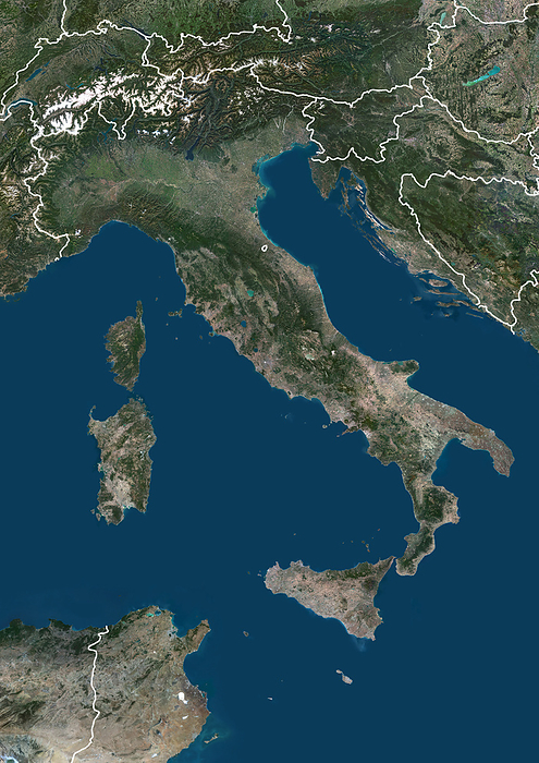Italy, satellite image Colour satellite image of Italy and neighbouring countries, with borders., by PLANETOBSERVER SCIENCE PHOTO LIBRARY