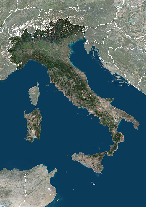 Italy, satellite image Colour satellite image of Italy, with borders., by PLANETOBSERVER SCIENCE PHOTO LIBRARY