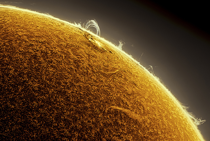 Arching solar prominence Arching solar prominence trapped by magnetic strong forces. Prominences are dense clouds of plasma, or ionised gas, in the Sun s outer layer, the corona. Captured on 25 January 2023 from the Dark Sky Alqueva region in Portugal., by MIGUEL CLARO SCIENCE PHOTO LIBRARY