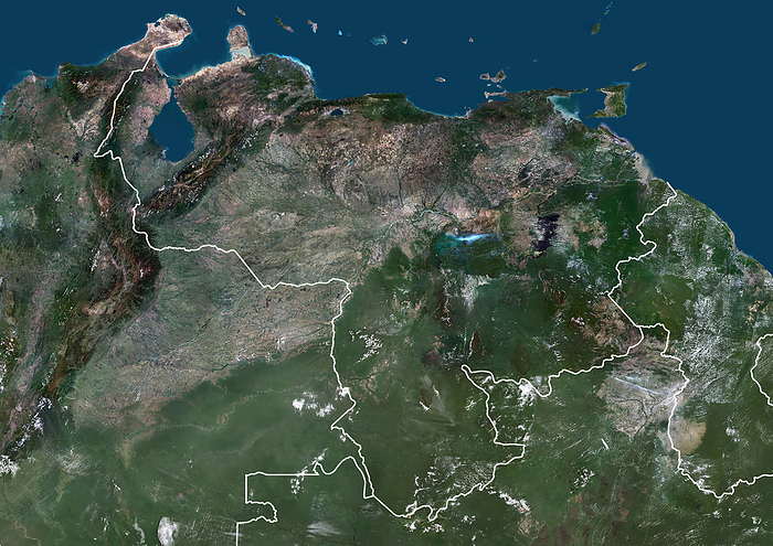 Venezuela, satellite image Colour satellite image of Venezuela and neighbouring countries, with borders., by PLANETOBSERVER SCIENCE PHOTO LIBRARY