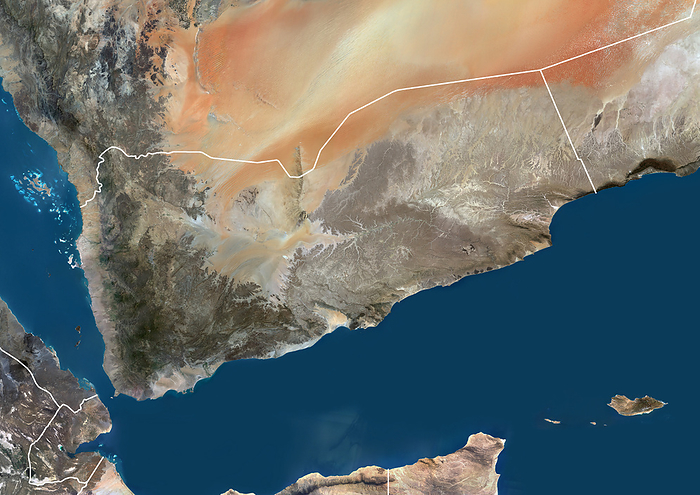 Yemen, satellite image Colour satellite image of Yemen and neighbouring countries, with borders., by PLANETOBSERVER SCIENCE PHOTO LIBRARY