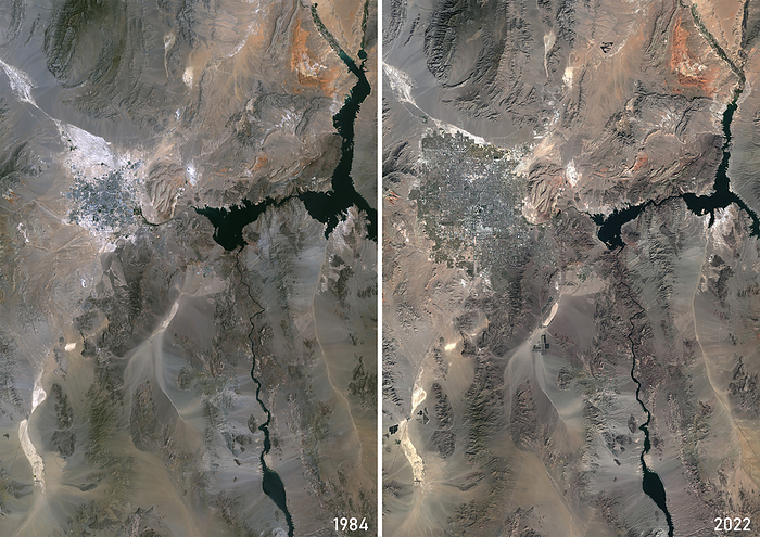 Las Vegas in 1984 and 2022, satellite image Colour satellite image of Las Vegas, Nevada in 1984 and 2022., by PLANETOBSERVER SCIENCE PHOTO LIBRARY