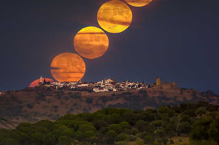 Super Blue Moon above Monsaraz Castle, time lapse image Time lapse image of a Super Blue Moon above the Monsaraz Castle in Portugal. A Super Moon is defined as a full moon near perigee, the Moon s closest point in its orbit around the Earth. During this event, because the full moon is a little bit closer to us than usual, it appears especially large and bright in the sky. A blue moon is the term for when we see the full moon twice in a single month. Image captured from the Dark Sky Alqueva region in Portugal., by MIGUEL CLARO SCIENCE PHOTO LIBRARY