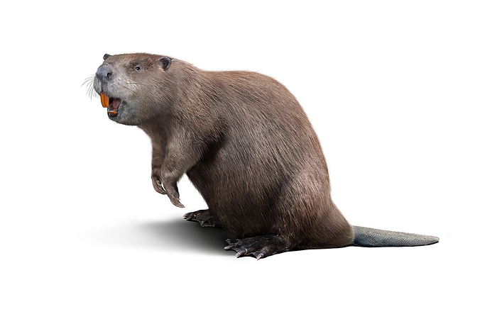 Giant beaver, illustration Illustration of a giant beaver  Castoroides ohioensis . This is an extinct species of beaver that lived in North America during the Pleistocene era, which spanned from 2.6 million to 11,700 years ago. This beaver grew up to 2.4 metres long and weighed up to 100 kilograms, which is the size of a modern black bear. The hind feet of the giant beaver were much larger than those of modern beavers, while the hind legs were shorter. The teeth were also much larger, up to 15 centimetres long, and had blunt, rounded tips, which is different from the chisel like tips found in modern beavers., by ROMAN UCHYTEL SCIENCE PHOTO LIBRARY