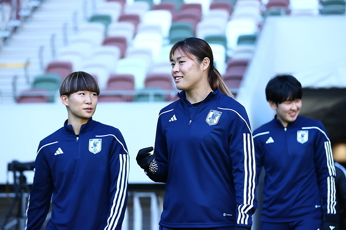 Japan women s national soccer team training session Japan s Aoba Fujino  L  and Rion Ishikawa during a training session ahead of the AFC Women s Olympic Football Tournament Paris 2024 Round 3 2nd leg match against North Korea at National Stadium in Tokyo, Japan, February 27, 2024.  Photo by JFA AFLO 