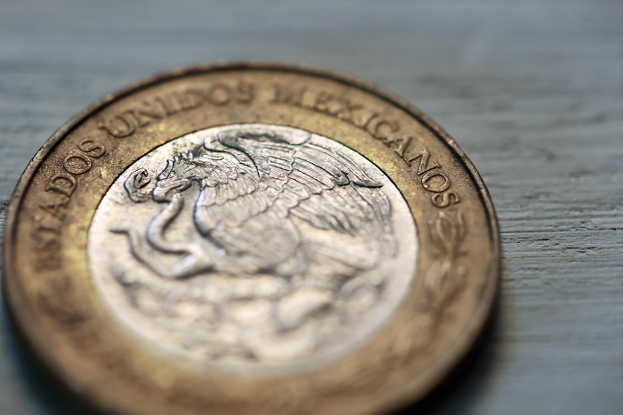 Surface of the Mexican currency 20 peso coin