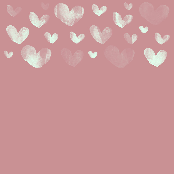 Square background illustration of light green hearts lined up on a dull pink background.