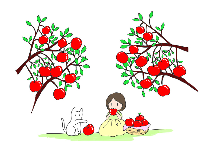 Clip art of cat and girl under apple tree