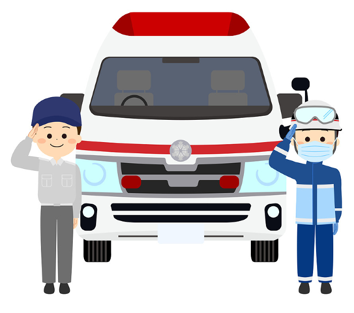 Paramedics saluting with an ambulance