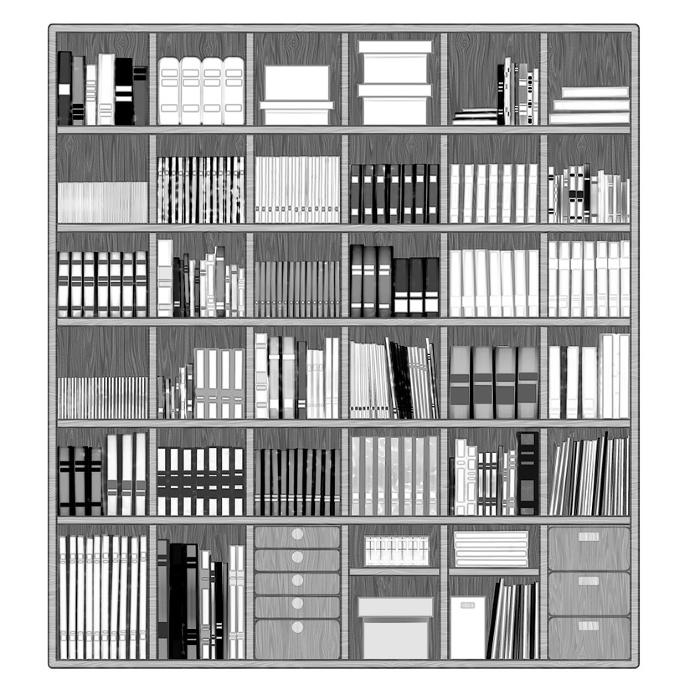 Simple monochrome illustration of a large bookshelf and books