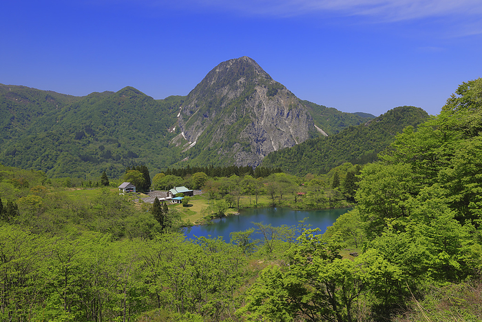 Takanami Pond and Mt. Myojo in fresh green Niigata Prefecture
