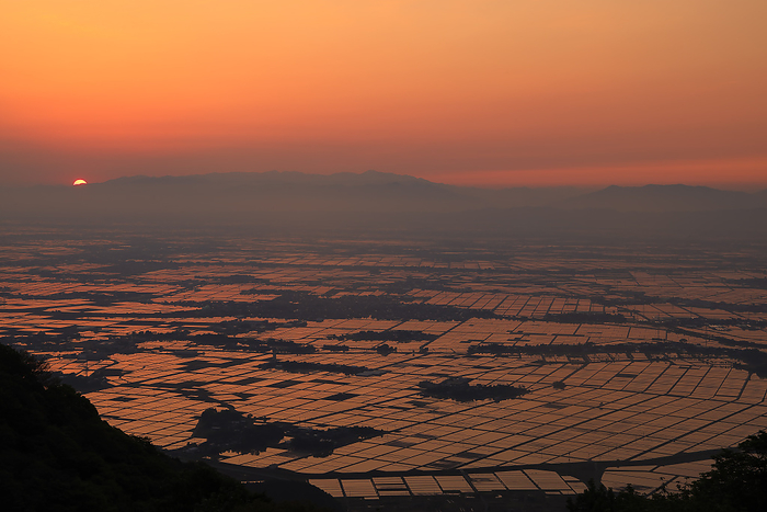 Echigo Plain rice paddies and morning sun seen from Mt. Yahiko Niigata Prefecture
