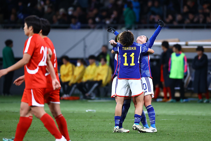 AFC Women s Olympic Football Tournament Paris 2024 Round 3 Japan s Fuka Nagano  R  celebrates at the final whistle during the AFC Women s Olympic Football Tournament Paris 2024 Round 3 2nd leg match between Japan 2 1 North Korea at National Stadium in Tokyo, Japan, February 28, 2024. Japan qualified for the Paris 2024 Olympic.  Photo by JFA AFLO 